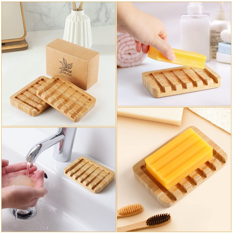 wokelai Shampoo Bar Holder Bamboo Soap Dish for Shower Wood Soap Dishes Wooden Soap Saver Tray Stand Self Draining Travel Soap Container Case for Bathroom Kitchen Bath Tub Razor Sponges  Waterfall Drain 2 PCS - Image 4